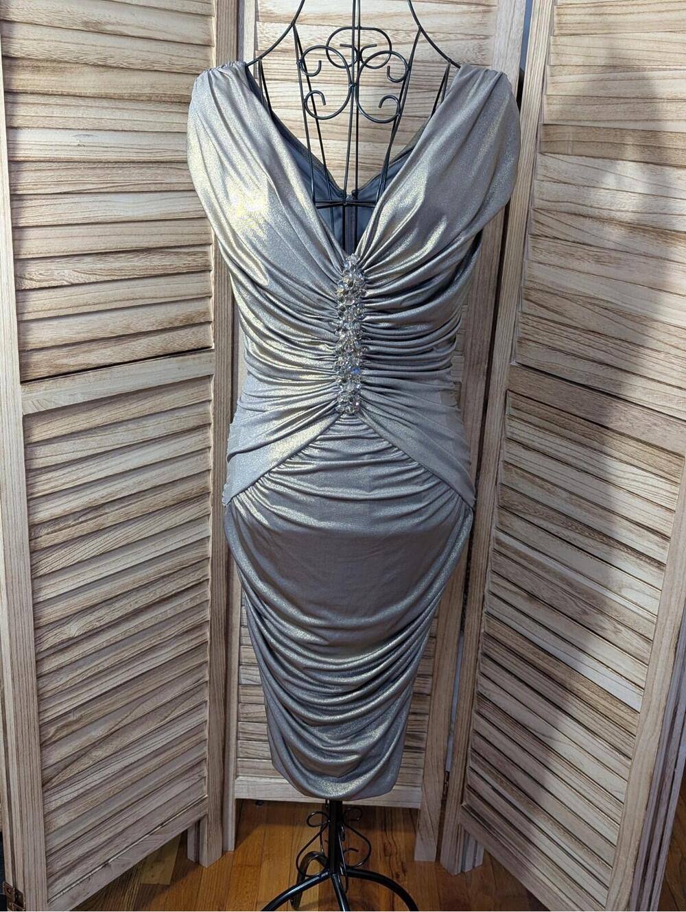 CACHE Women's Metallic Gold Ruched Bodycon Sleeveless Party Dress Jewelled Sz XS